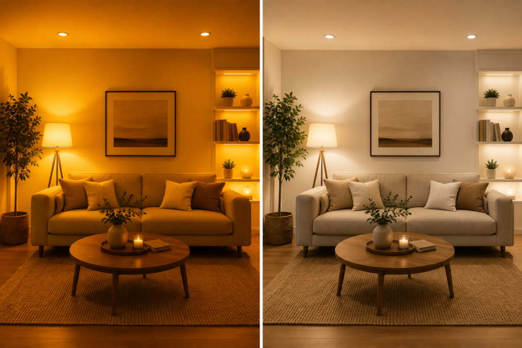 Side-by-side comparison of the same modern living room illuminated with 2700K warm white lighting and 3000K soft warm white lighting, showing the difference in warmth, brightness, and ambiance.