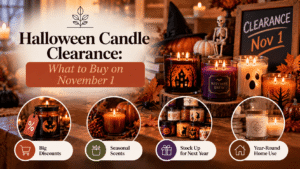 Halloween candles on display with a Nov 1 clearance sign