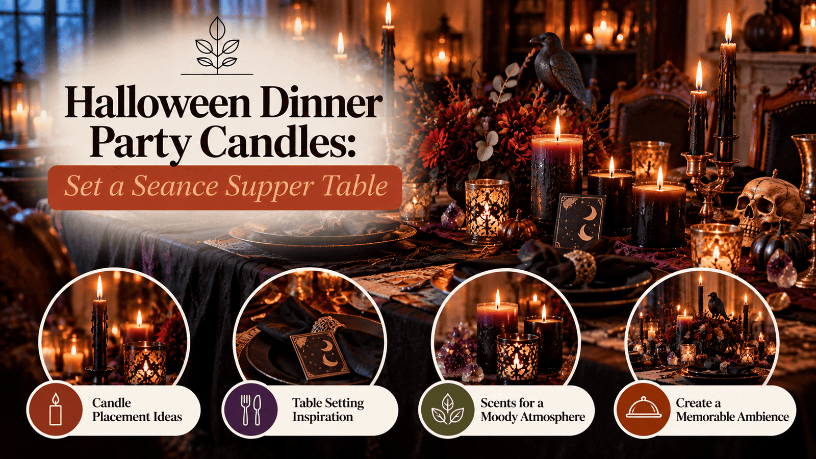 Candlelit Halloween dinner party table with black tapers and pillar candles
