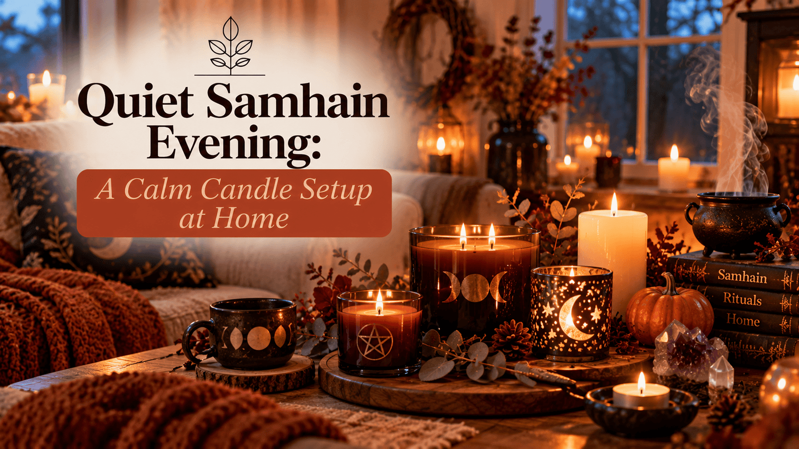 Candles, tea and books set up for a quiet Samhain evening at home
